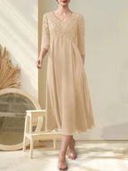 A-line V-Neck Tea-Length Chiffon Lace Mother of the Bride Dress With Beading by Dreamylily