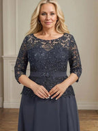 A-line Scoop Illusion Ankle-Length Chiffon Lace Mother of the Bride Dress With Rhinestone Beading by Dreamylily