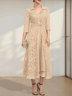 A-line V-Neck Tea-Length Chiffon Mother of the Bride Dress by Dreamylily