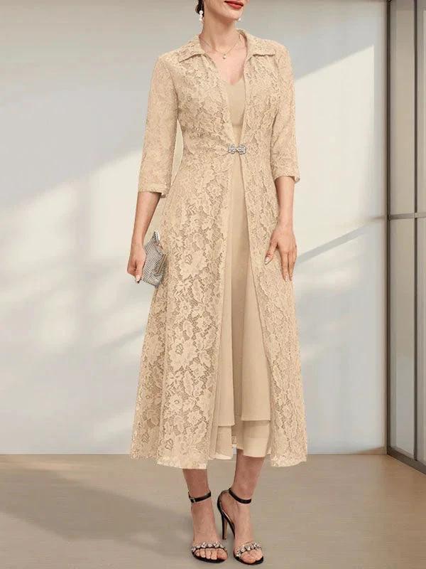 A-line V-Neck Tea-Length Chiffon Mother of the Bride Dress by Dreamylily