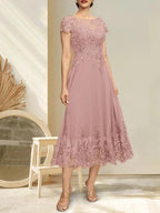 A-line Illusion Scoop Tea-Length Lace Chiffon Mother of the Bride Dress With Sequins by Dreamylily
