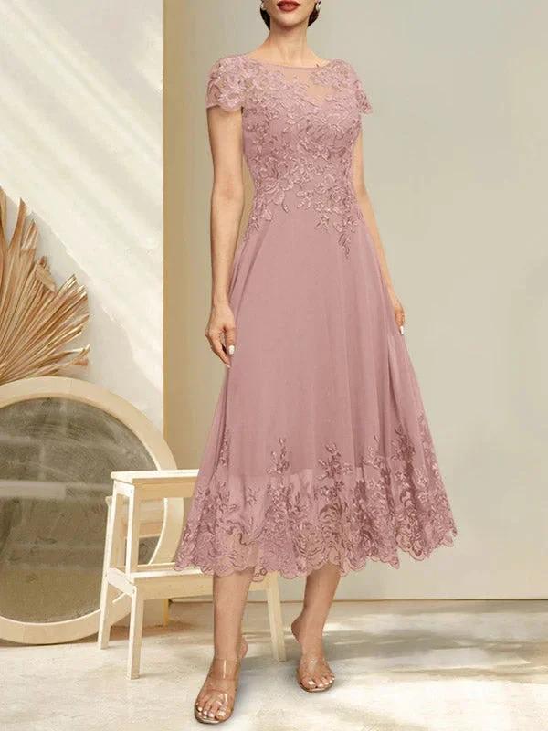 A-line Illusion Scoop Tea-Length Lace Chiffon Mother of the Bride Dress With Sequins by Dreamylily