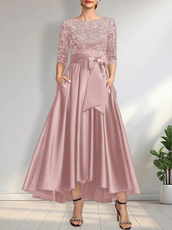 A-line Scoop Illusion Asymmetrical Satin Lace Mother of the Bride Dress With Bow by Dreamylily