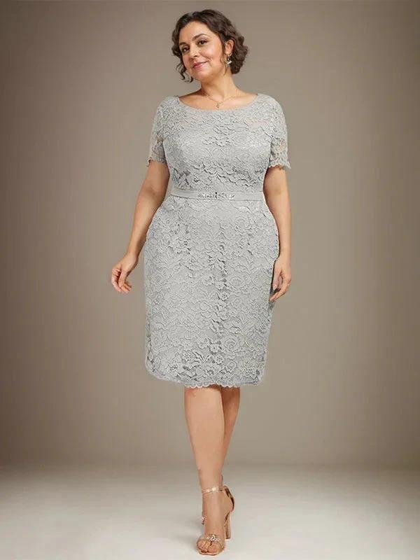 Sheath/Column Scoop Knee-Length Chiffon Lace Mother of the Bride Dress With Beading by Dreamylily