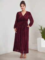 A-Line V-Neck Long Sleeves Velvet Tea-Length Mother of the Bride Dress With Split by Dreamylily