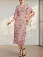 Sheath/Column Scoop Tea-Length Lace Chiffon Mother of the Bride Dress by Dreamylily