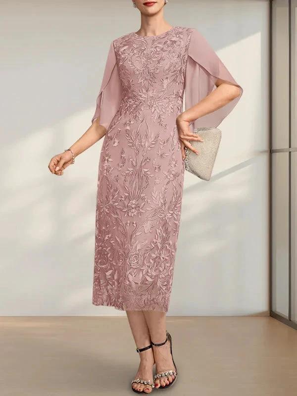 Sheath/Column Scoop Tea-Length Lace Chiffon Mother of the Bride Dress by Dreamylily