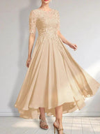 A-line Scoop Illusion Asymmetrical Chiffon Lace Mother of the Bride Dress With Sequins by Dreamylily