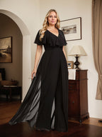 Jumpsuit/Pantsuit V-Neck Floor-Length Chiffon Evening Dress