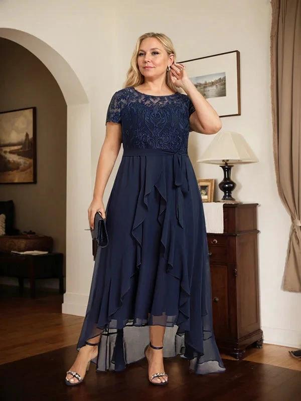 A-line Scoop Illusion Asymmetrical Chiffon Lace Mother of the Bride Dress With Bow Ruffle Sequins by Dreamylily