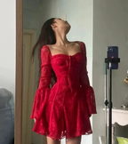 Sexy Red Lace Trumpet Sleeves Homecoming Dress Party Dress Y7655 by simplepromdress