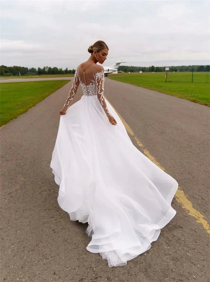 Sheer Neck with Heavy Crystals Long Sleeves White Wedding Dress Organza and Tulle A-line Bling Bridal Dress by payinti