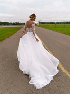 Sheer Neck with Heavy Crystals Long Sleeves White Wedding Dress Organza and Tulle A-line Bling Bridal Dress by payinti