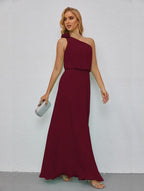 Ruffled One Shoulder Sleeveless Long Bridesmaid Dresses A-line Formal Evening Gown Side Split 28080 by numbersea