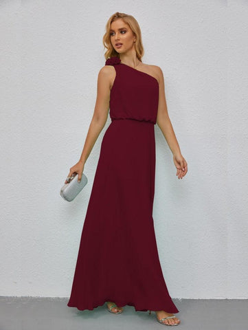 Ruffled One Shoulder Sleeveless Long Bridesmaid Dresses A-line Formal Evening Gown Side Split 28080