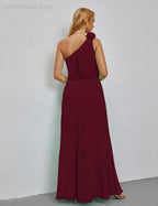 Ruffled One Shoulder Sleeveless Long Bridesmaid Dresses A-line Formal Evening Gown Side Split 28080 by numbersea