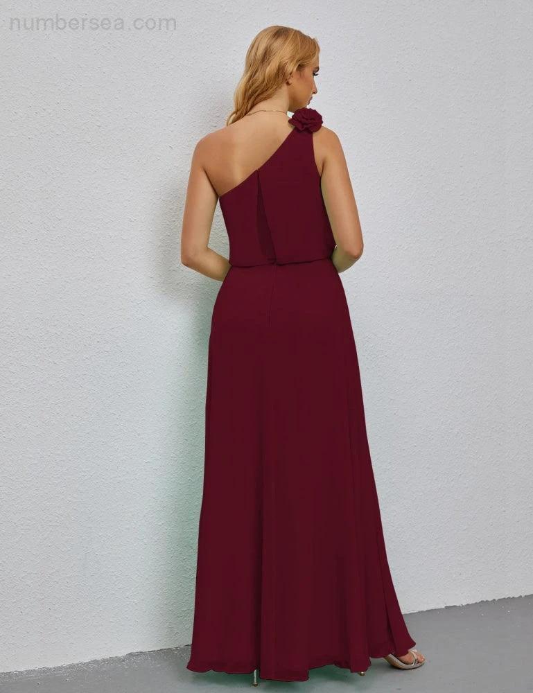 Ruffled One Shoulder Sleeveless Long Bridesmaid Dresses A-line Formal Evening Gown Side Split 28080 by numbersea