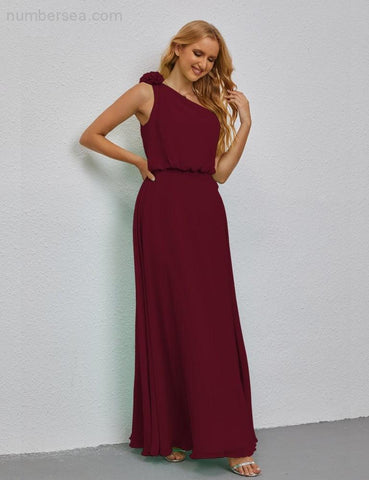 Ruffled One Shoulder Sleeveless Long Bridesmaid Dresses A-line Formal Evening Gown Side Split 28080