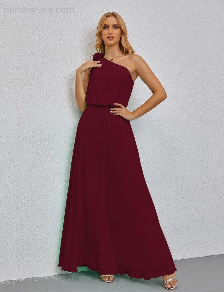 Ruffled One Shoulder Sleeveless Long Bridesmaid Dresses A-line Formal Evening Gown Side Split 28080 by numbersea