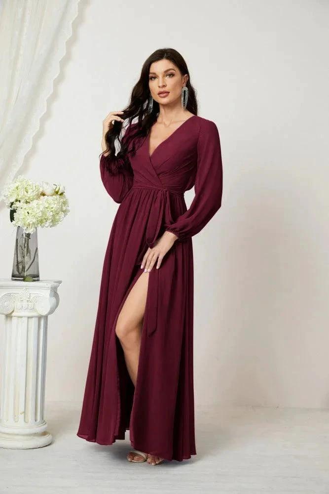 Sunnderly Evening Dresses Deep V-Neck Chiffon Bridesmaid Dresses Long Bishop Sleeve Side Split Formal Dress SY2806 by numbersea
