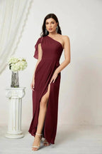 Numbersea Chiffon Ruffled One Shoulder Long Bridesmaid Dresses A-line Formal Evening Gown Side Split 2809 by numbersea