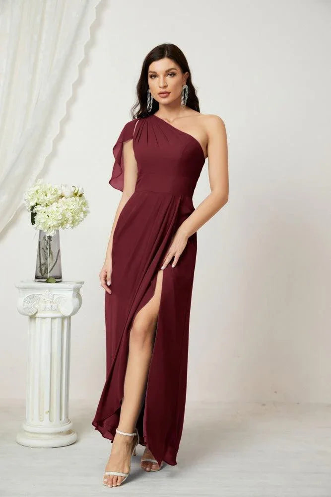 Numbersea Robe longue de demoiselle d'honneur en mousseline à volants, une épaule, coupe en A, robe de soirée formelle avec fente latérale 2809