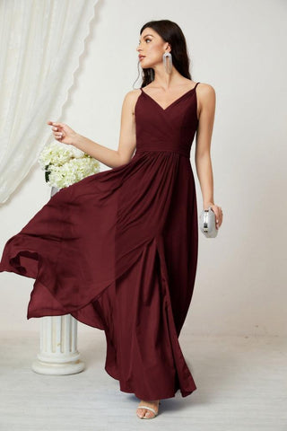 Numbersea Chiffon V-Neck Bridesmaid Dress Spaghetti Strap Long Formal Party Prom Gowns with Slit 28010