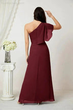 Numbersea Chiffon Ruffled One Shoulder Long Bridesmaid Dresses A-line Formal Evening Gown Side Split 2809 by numbersea