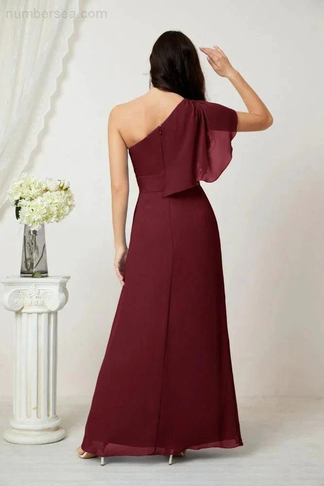 Numbersea Chiffon Ruffled One Shoulder Long Bridesmaid Dresses A-line Formal Evening Gown Side Split 2809 by numbersea