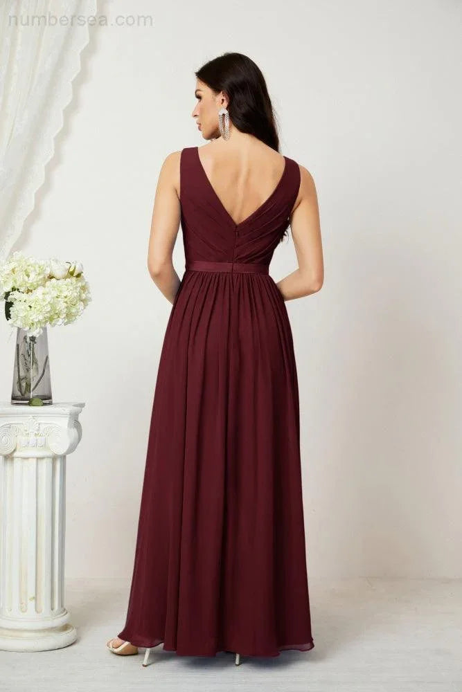 Vestidos longos de chiffon para damas de honor, corte em A, sem mangas, vestido formal de baile para festa à noite, vestidos para baile de boas-vindas 2808