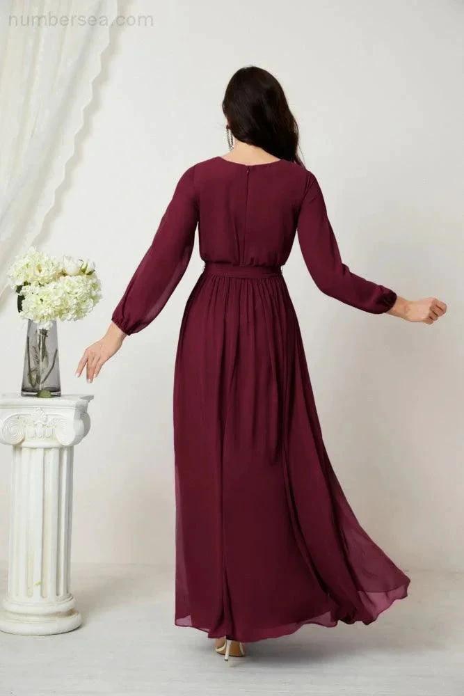Sunnderly Evening Dresses Deep V-Neck Chiffon Bridesmaid Dresses Long Bishop Sleeve Side Split Formal Dress SY2806 by numbersea