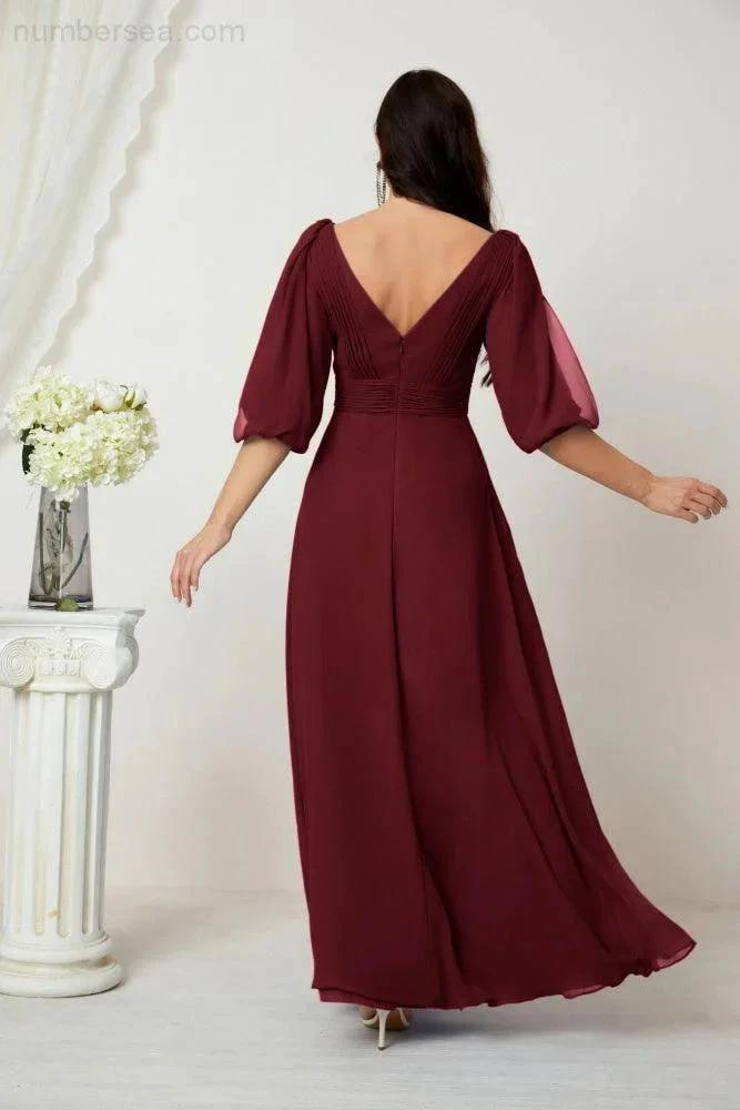Numbersea Formal Prom Gown Women V-Neck Chiffon Bridesmaid Dresses Long Bishop Sleeve Party Dress 2807 by numbersea