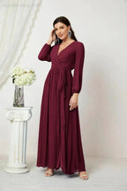 Sunnderly Evening Dresses Deep V-Neck Chiffon Bridesmaid Dresses Long Bishop Sleeve Side Split Formal Dress SY2806 by numbersea