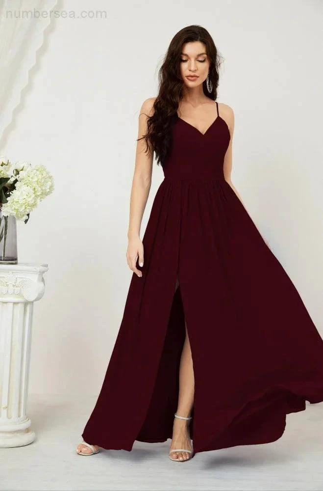 Numbersea Neck Bridesmaid Dresses Chiffon Long Spaghetti A-line Formal Prom Gown for Wedding Party Evening 2801 by numbersea