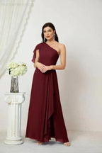 Numbersea Chiffon Ruffled One Shoulder Long Bridesmaid Dresses A-line Formal Evening Gown Side Split 2809 by numbersea