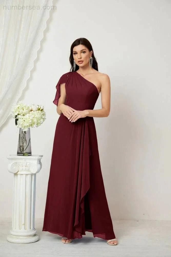 Numbersea Chiffon Ruffled One Shoulder Long Bridesmaid Dresses A-line Formal Evening Gown Side Split 2809 by numbersea