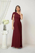 Numbersea Chiffon Ruffled One Shoulder Long Bridesmaid Dresses A-line Formal Evening Gown Side Split 2809 by numbersea