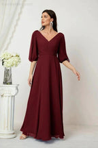 Numbersea Formal Prom Gown Women V-Neck Chiffon Bridesmaid Dresses Long Bishop Sleeve Party Dress 2807 by numbersea