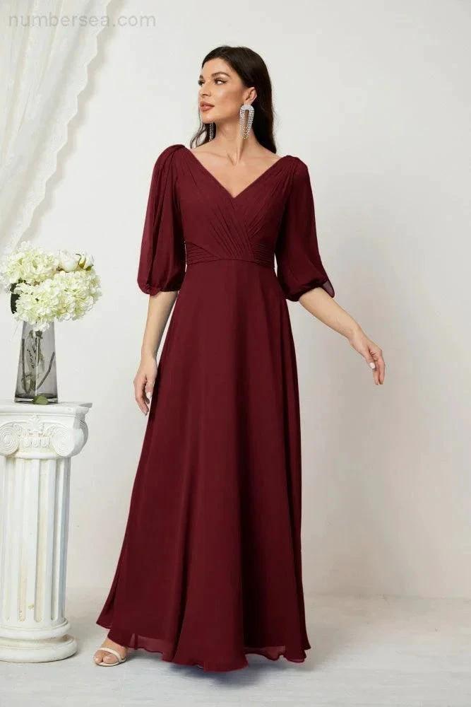 Numbersea Formal Prom Gown Women V-Neck Chiffon Bridesmaid Dresses Long Bishop Sleeve Party Dress 2807 by numbersea