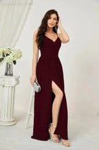 Numbersea Neck Bridesmaid Dresses Chiffon Long Spaghetti A-line Formal Prom Gown for Wedding Party Evening 2801 by numbersea
