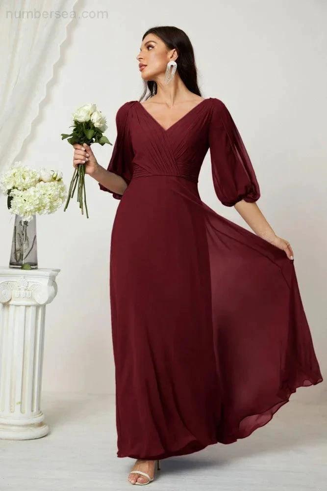Numbersea Formal Prom Gown Women V-Neck Chiffon Bridesmaid Dresses Long Bishop Sleeve Party Dress 2807 by numbersea