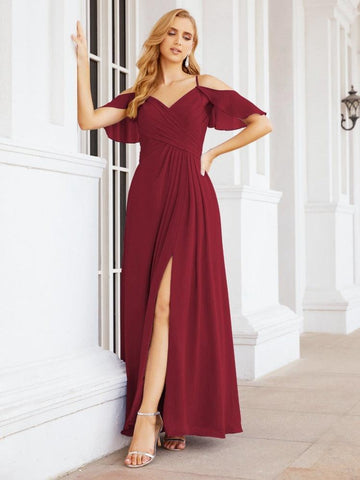 Numbersea Cold Shoulder Long Bridesmaid Dresses Side Slit Formal Prom Gowns Party Wedding 28070