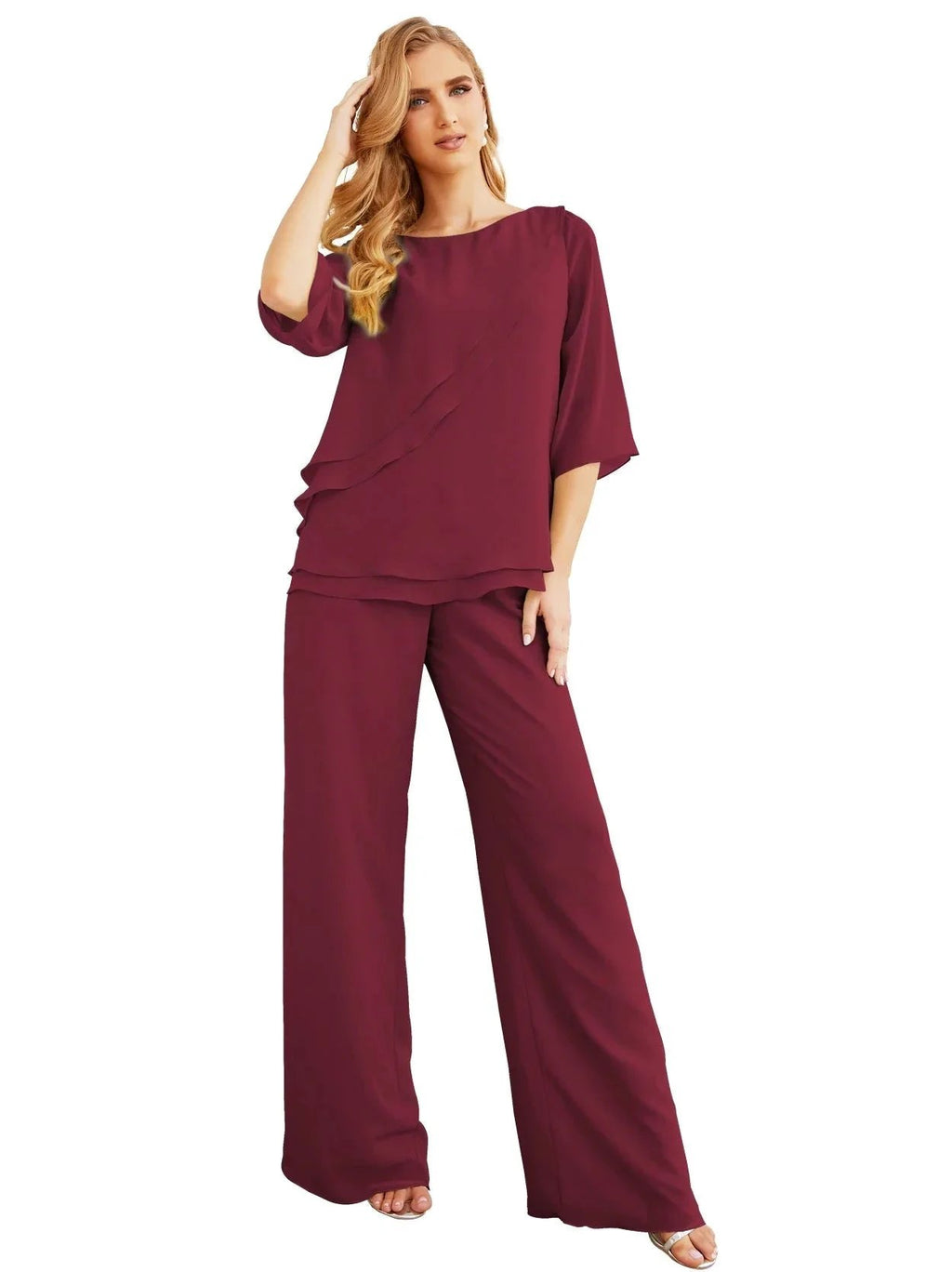 Sunnderly Elegant 2 Piece Mother of The Bride Dress Plus Size Pant Suits Ruffle Layers Sliver Housecoat SY28064 by numbersea