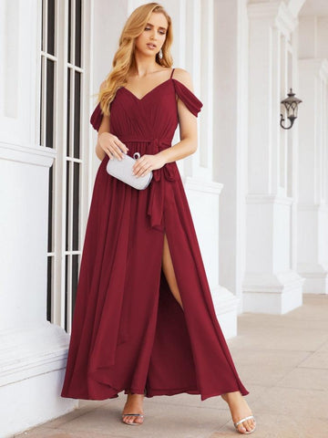 Numbersea Off The Shoulder Chiffon Bridesmaid Dress Long Formal Graduation Gown with Cowl Back 28069