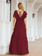 Numbersea Women's Open Back Formal Evening Party Prom Gowns V-Neck Long Chiffon Bridesmaid Dresses with Waist Belt 28038 by numbersea