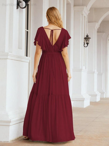 Numbersea Women's Open Back Formal Evening Party Prom Gowns V-Neck Long Chiffon Bridesmaid Dresses with Waist Belt 28038