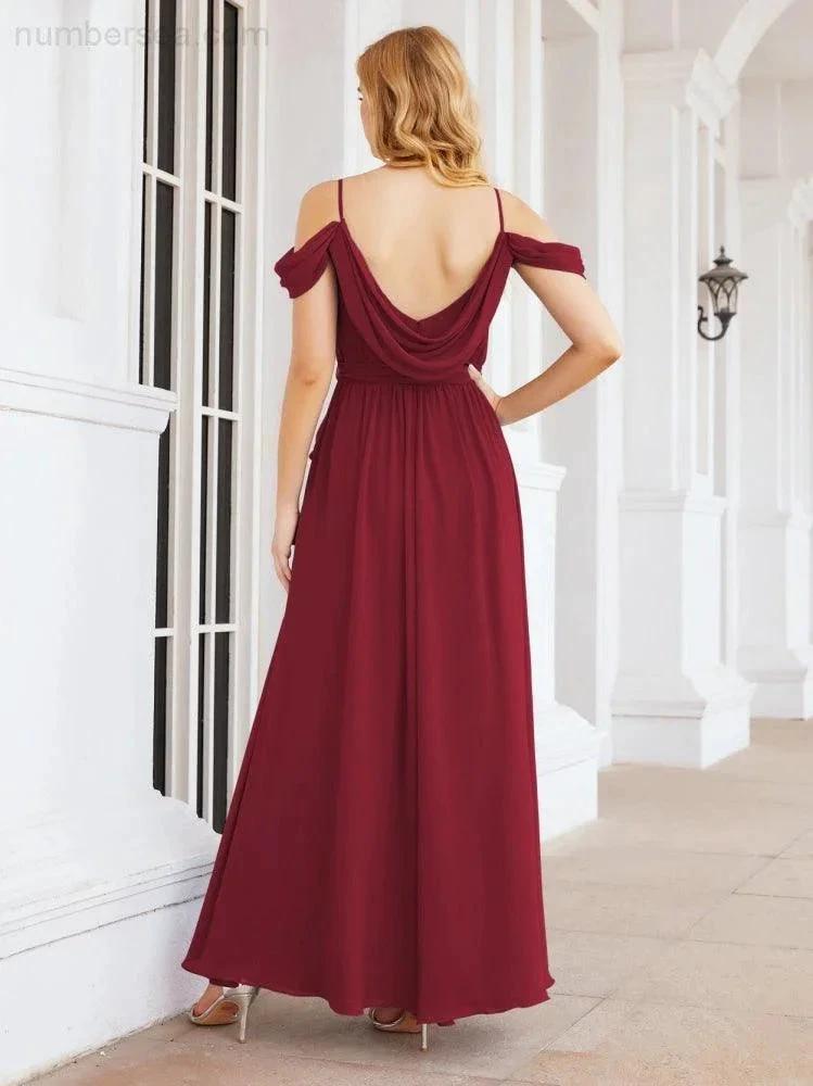 Numbersea Off The Shoulder Chiffon Bridesmaid Dress Long Formal Graduation Gown with Cowl Back 28069 by numbersea