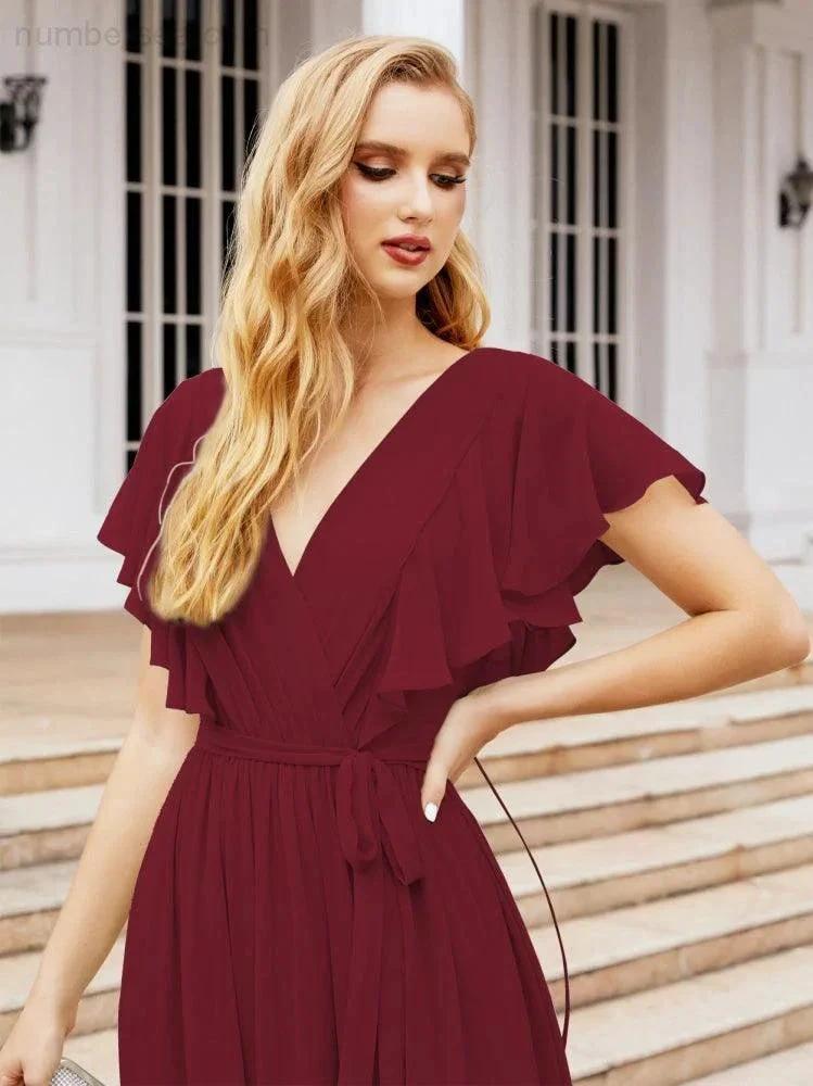 Numbersea Women's Open Back Formal Evening Party Prom Gowns V-Neck Long Chiffon Bridesmaid Dresses with Waist Belt 28038 by numbersea