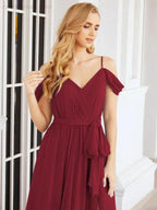 Numbersea Off The Shoulder Chiffon Bridesmaid Dress Long Formal Graduation Gown with Cowl Back 28069 by numbersea