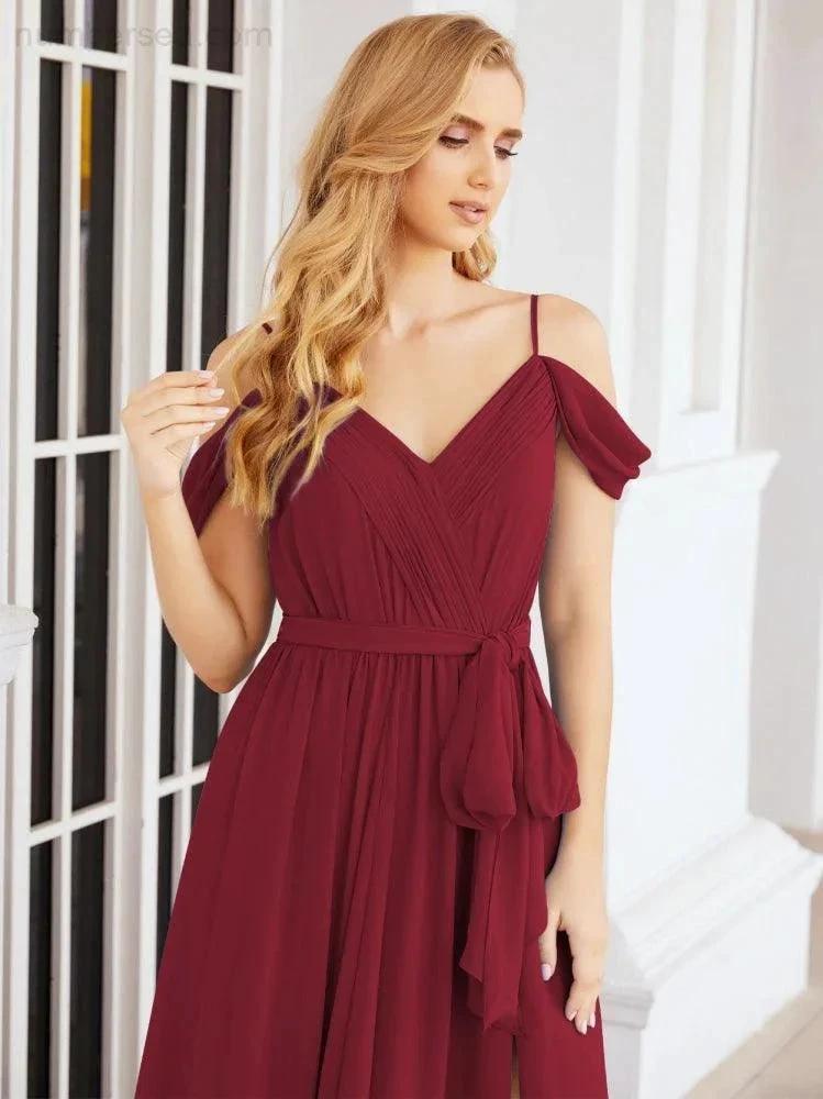 Numbersea Off The Shoulder Chiffon Bridesmaid Dress Long Formal Graduation Gown with Cowl Back 28069 by numbersea